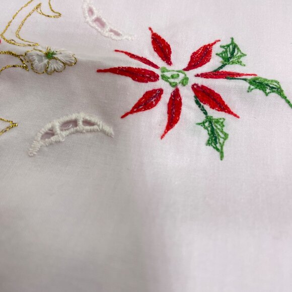 Vintage Hand-Embroidered Poinsettia Table Runner 48" X 16" White Cotton Red & Gr - Picture 3 of 11